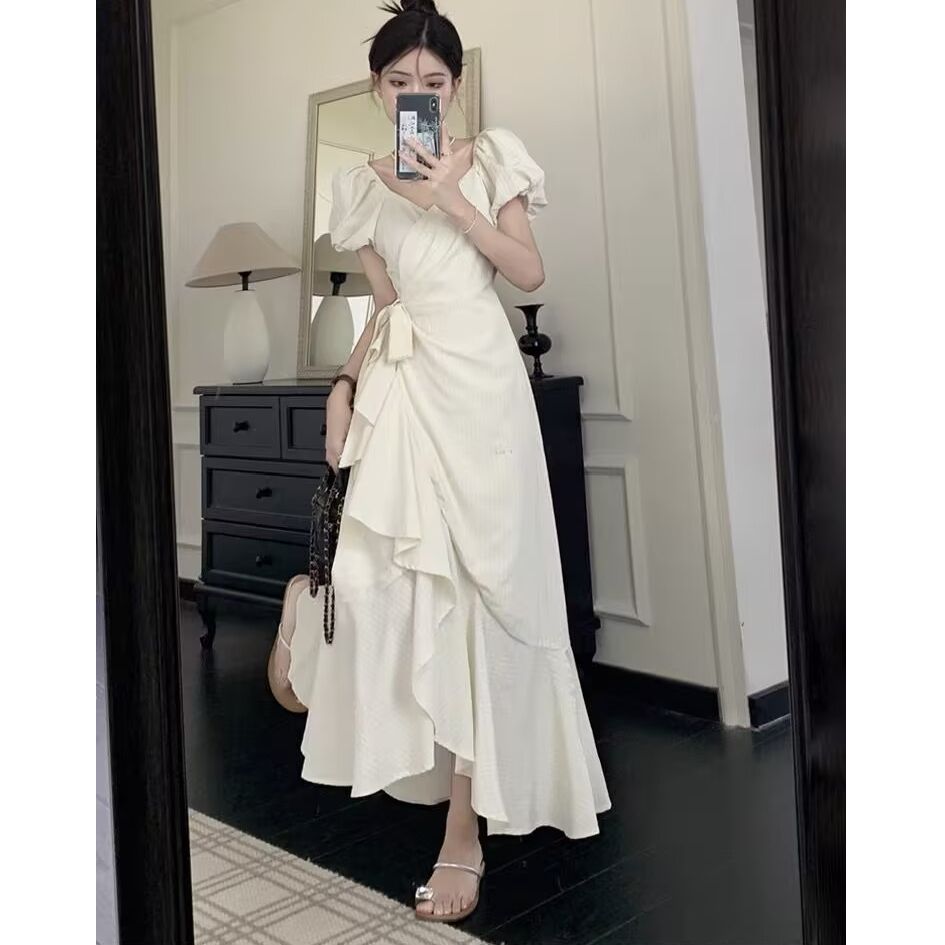 Women's White V Neck Lace Up Short Sleeve Dress