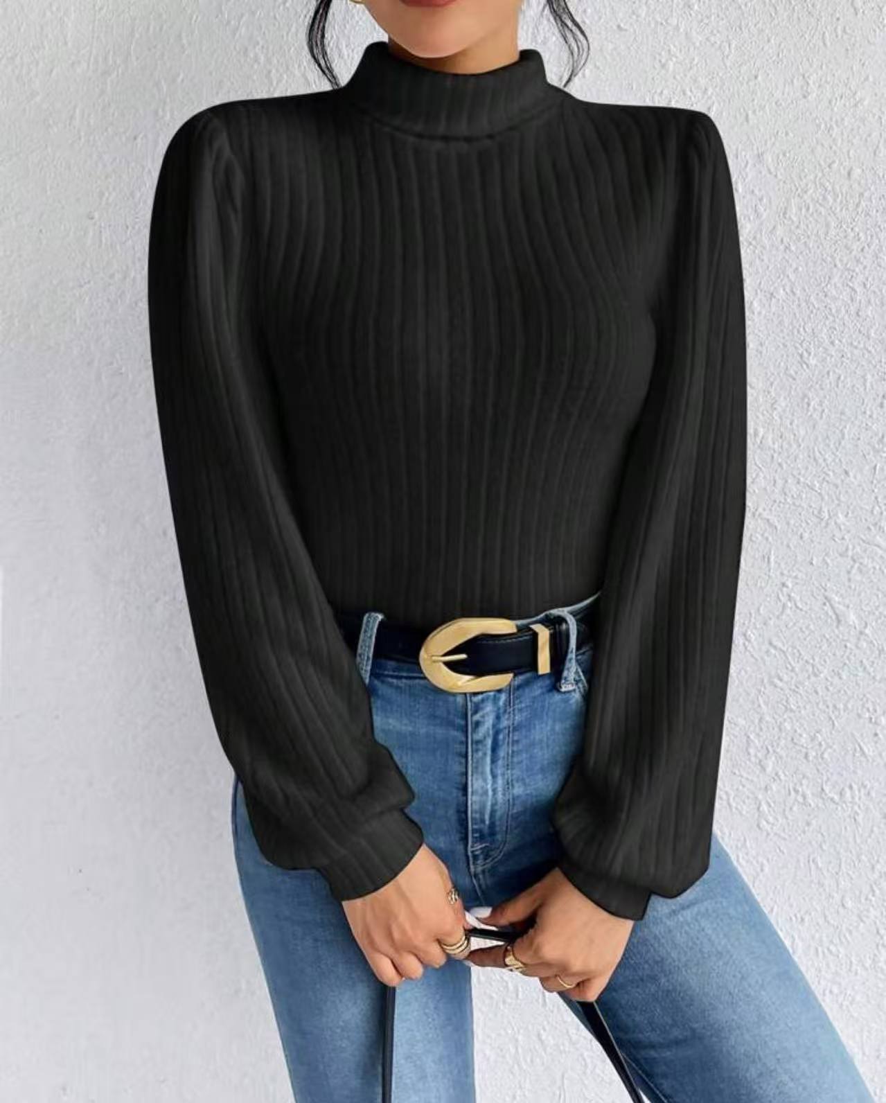 Knitted Brushed-fabric Top With A Turn-down Collar And Lantern Sleeves