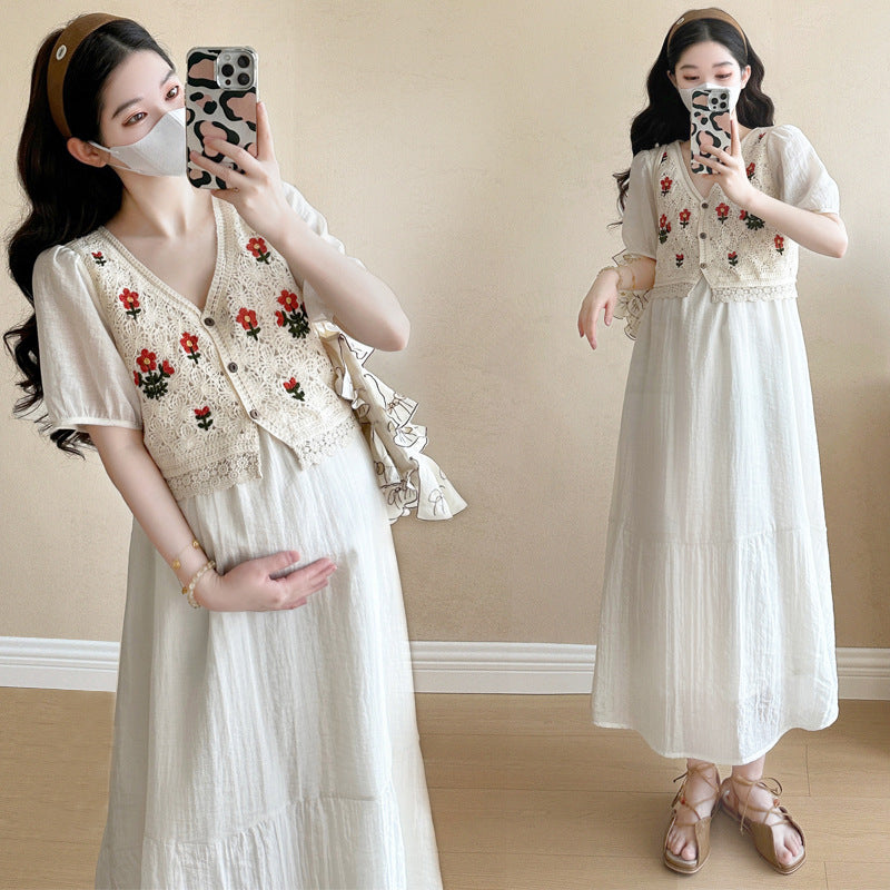 Fashionable Crochet Vest-Look Fake Two-Piece Maternity Dress