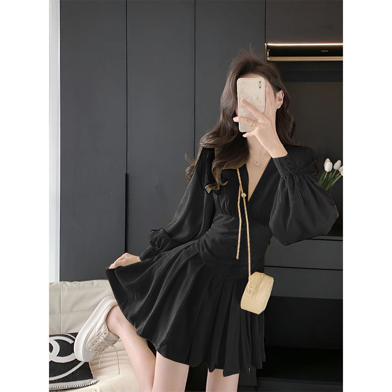 Womens French-style Cinched Waist Chiffon Solid Color Long-Sleeve Dress