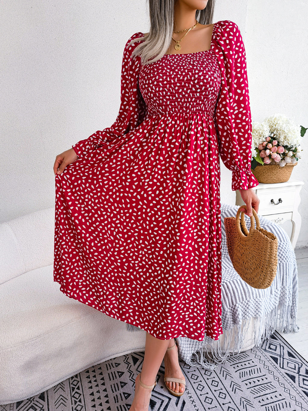 Women Square Neck Long Sleeve Vacation Rayon Pleated Maxi Dress