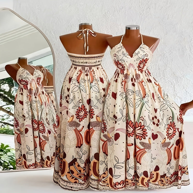 European And American Women's New Commuter Halterneck Back-Cutout Fitted Print Plus-Size Dress