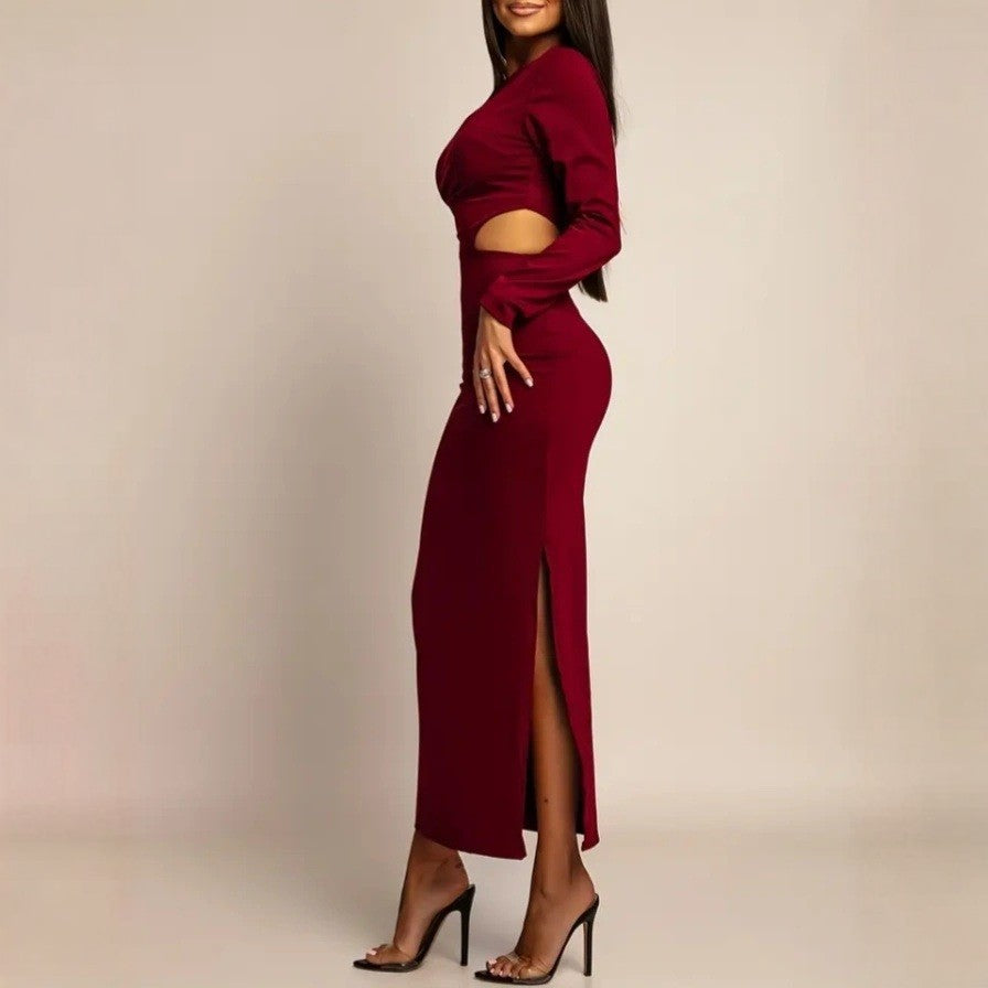 Sexy Crew-Neck Hollow-Out Long-Sleeve Sheath Dress With Side Slit