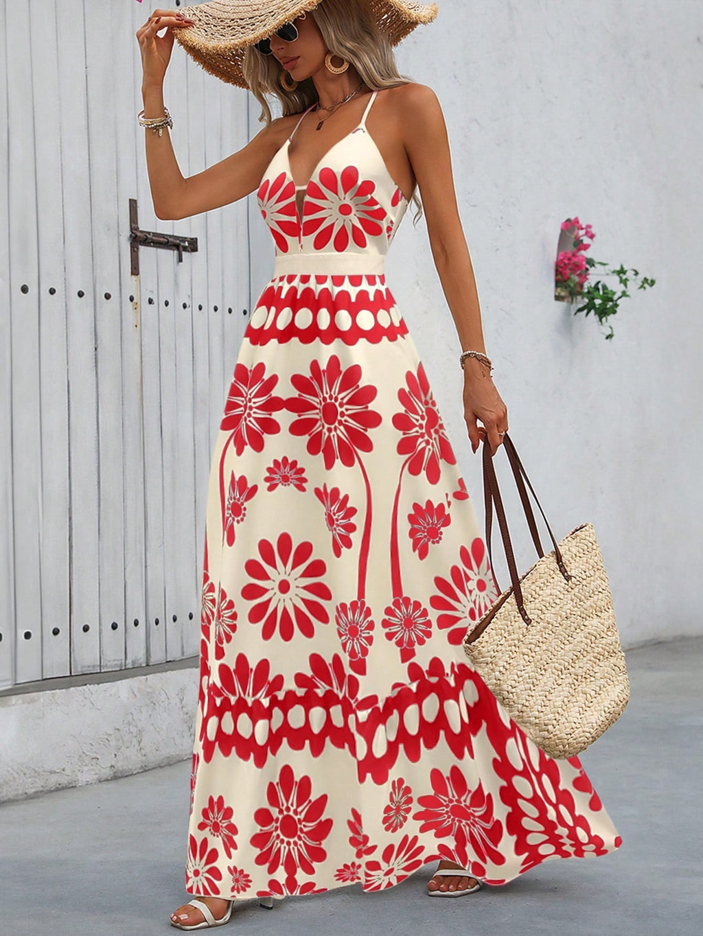 Printed Strap Maxi Dress With A Vacation-ready Open-back Design