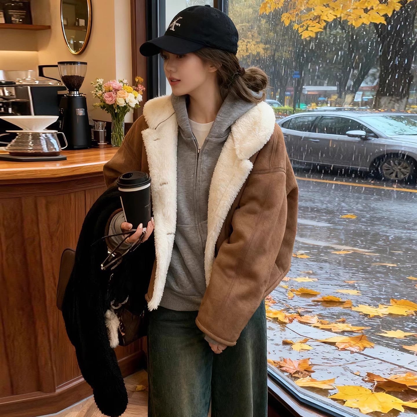 Winter Loose-fitting  Versatile  Fleece-lined  Thickened  And Warm Leather-and-fur Piece