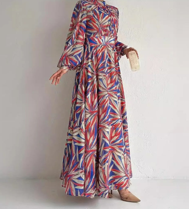 Women's Ethnic Style High-Neck Long Fashionable And Elegant Robe Dress