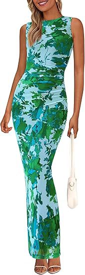 Womens Crew-Neck Pleated Floral Sheer Sleeveless Mesh Dress