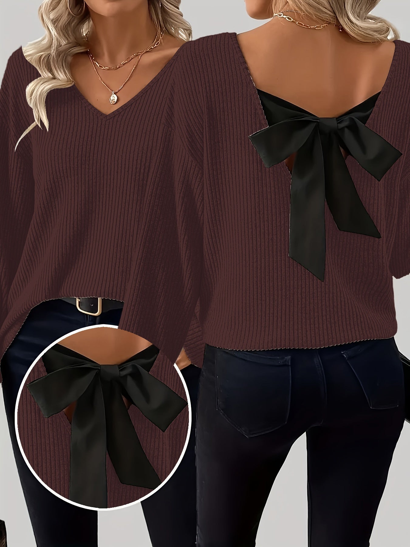 Contrast-color Satin Ribbon Bow Backless Drop-shoulder Long-sleeve Top
