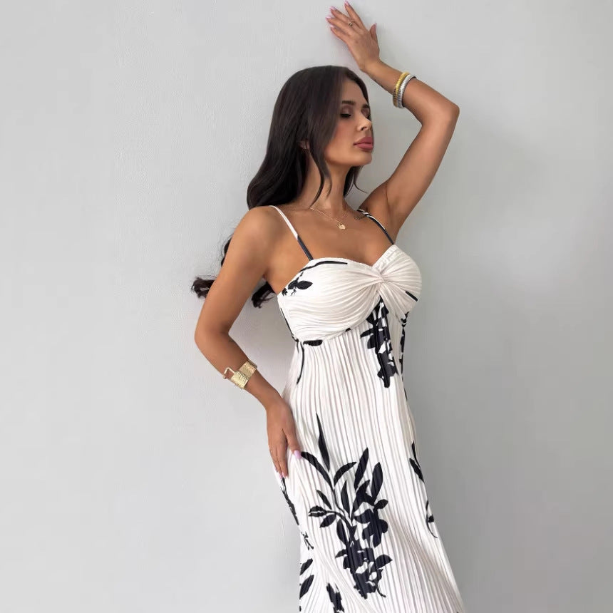 Printed High-waisted Figure-flattering Draped Sexy Dress