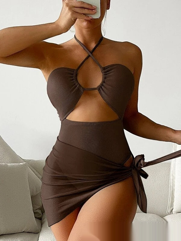 Multicolor Bikini Mesh Skirt Three Piece Womens Swimsuit