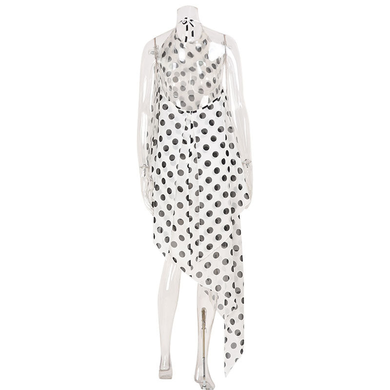 Womens Sleeveless Halterneck Polka-Dot Printed Asymmetrical Dress