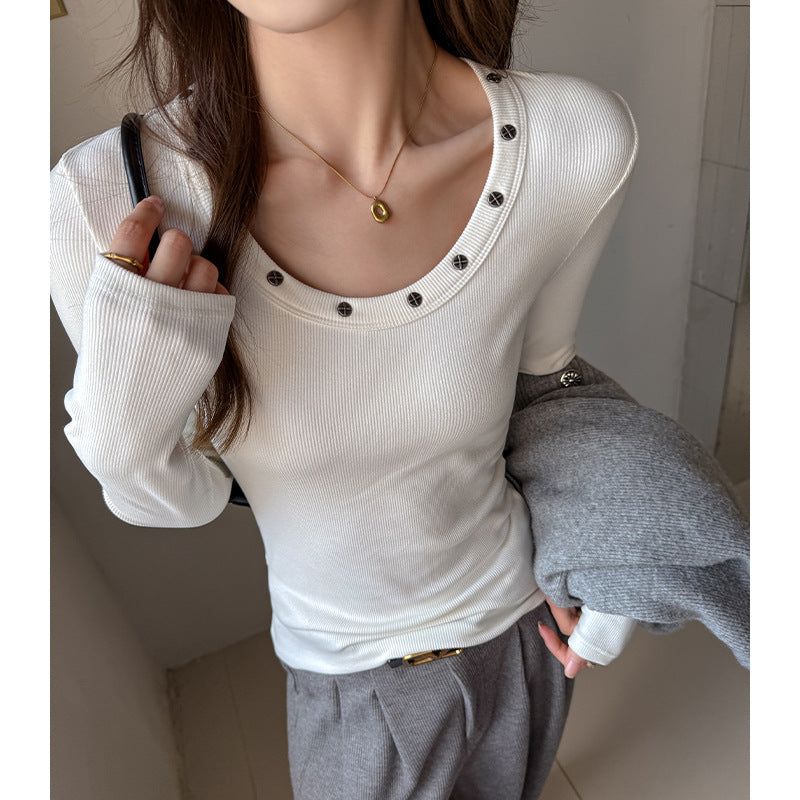 Women's Fashion Versatile Round Neck Studded Long Sleeve T-Shirt