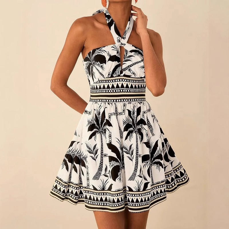 Printed Lace-up Sleeveless Halterneck Slip Dress For Women