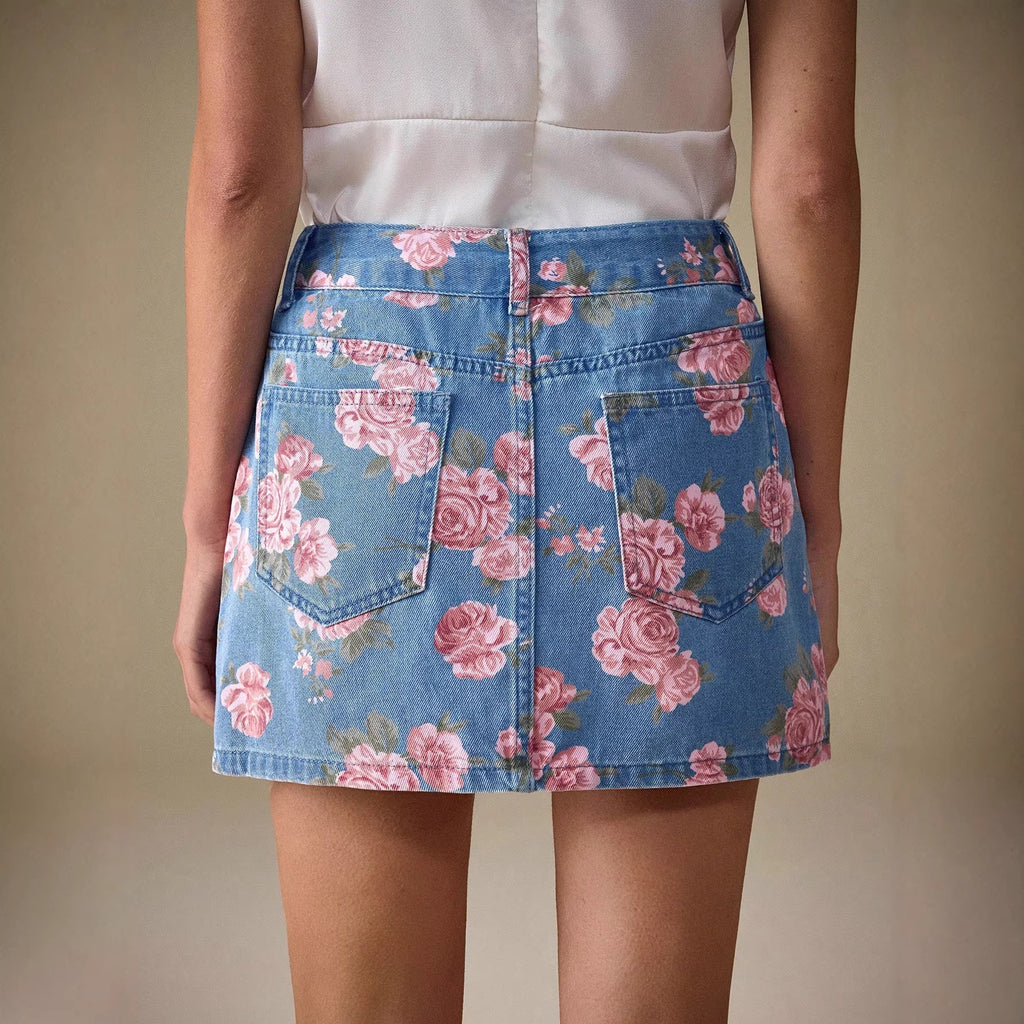Versatile Casual Floral Fashion Denim Skirt With A Rose Print