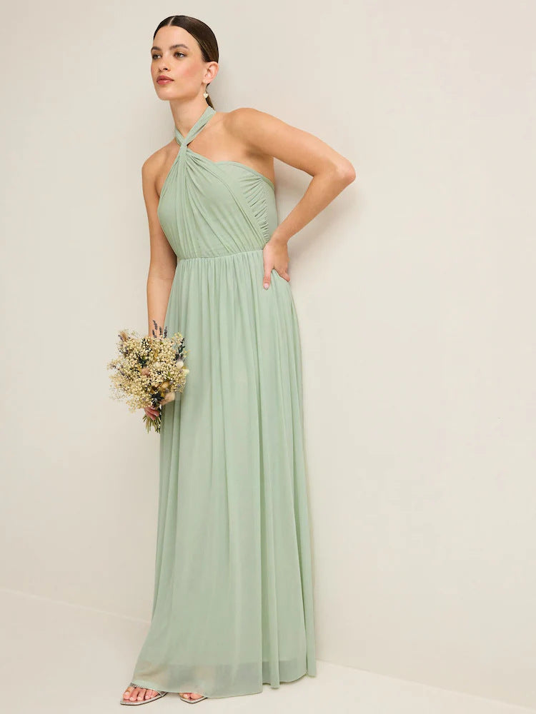 Pleated Solid-Colored Strap Three-Way Dress