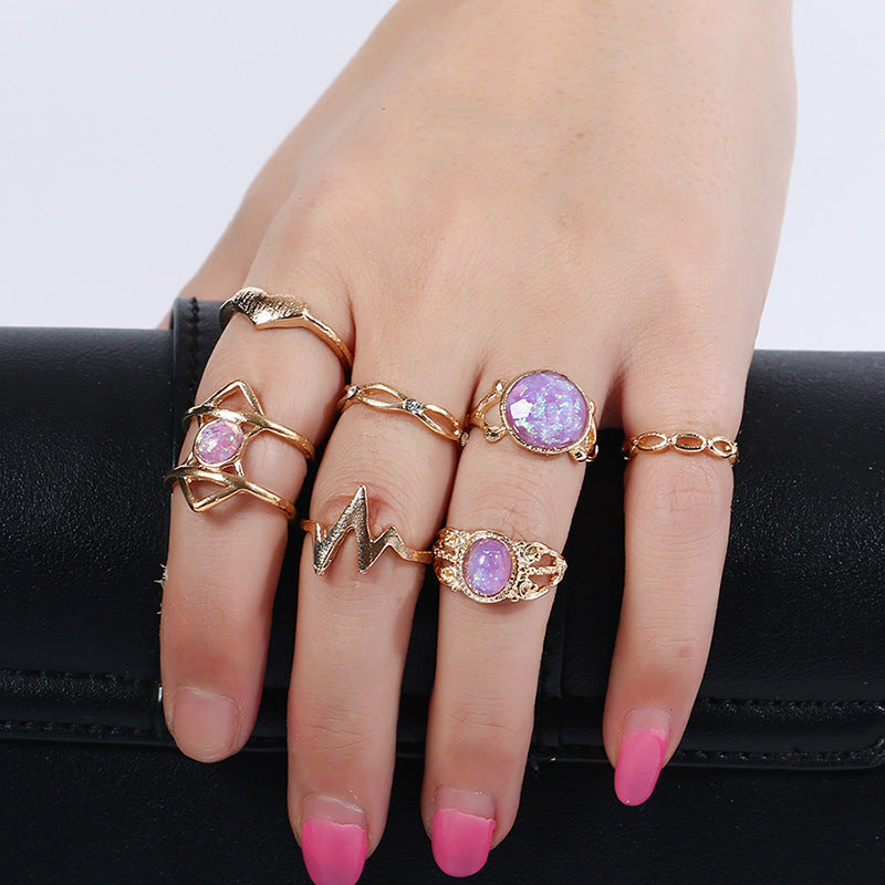 Vintage 8Pcs/Set Colorful Stone Metalic Rings