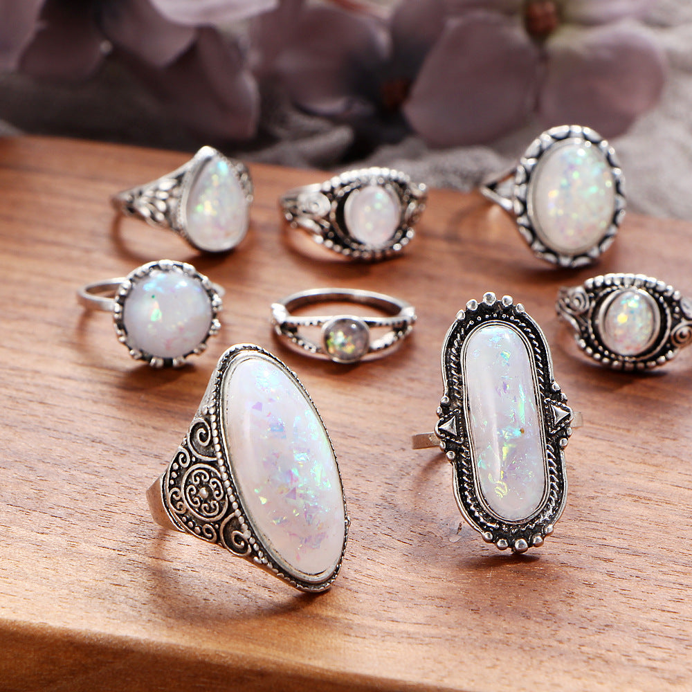 Vintage 8Pcs/Set Colorful Stone Metalic Rings