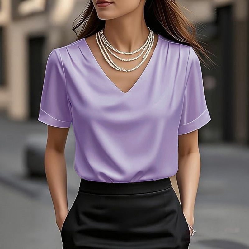 Summer Solid Color Pendant Small V-neck Short-sleeved Shirt Comfortable All-matching