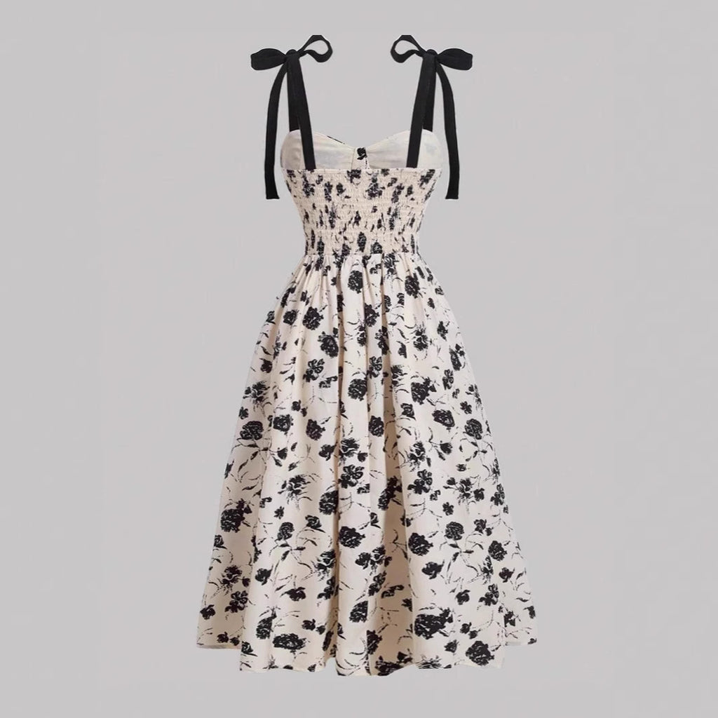 Elegant Lace-Up Shoulder With Floral Print Waist-Cinching Design Vacation-Ready Chic Casual Slip Dress