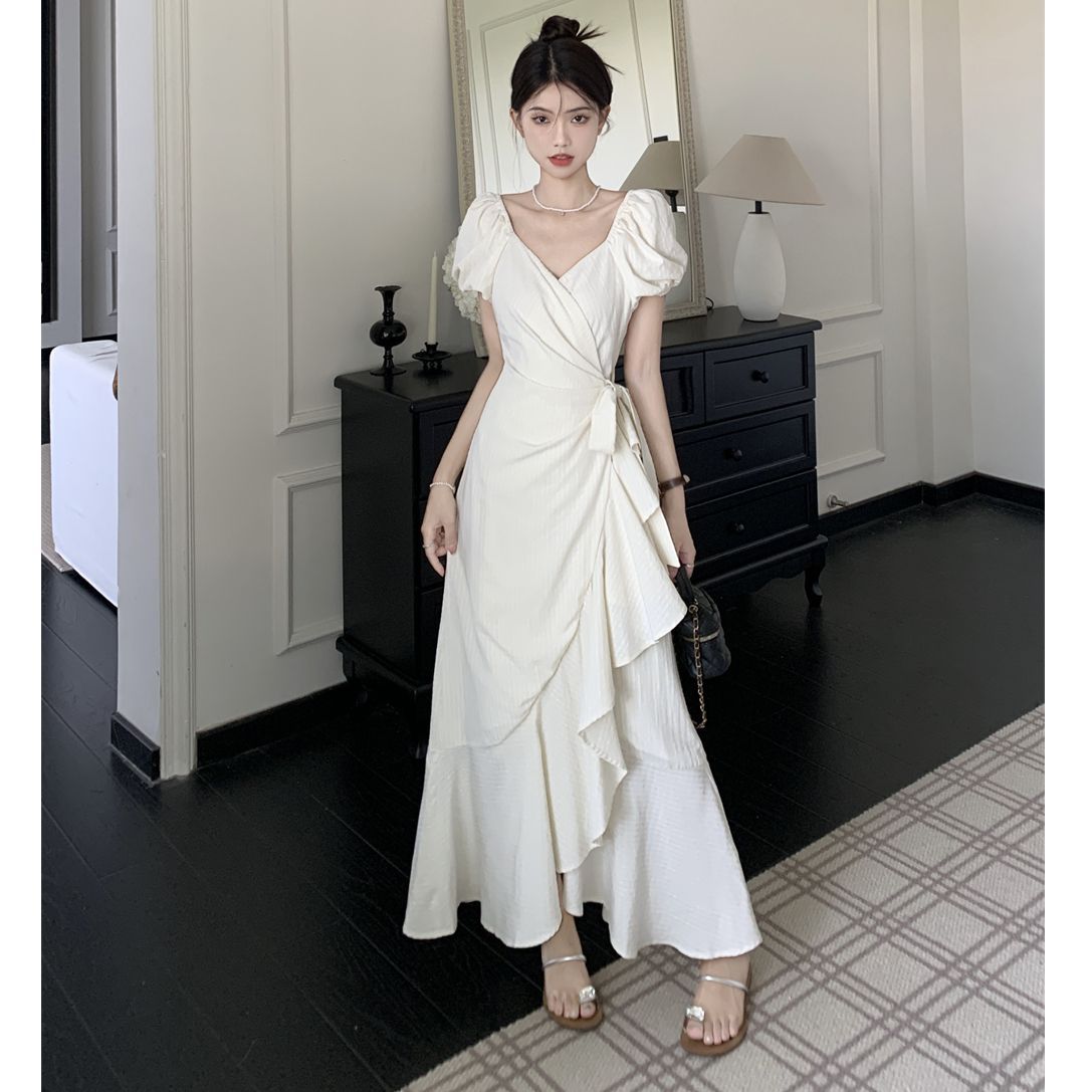 Women's White V Neck Lace Up Short Sleeve Dress