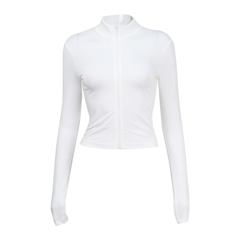 Women's Long Sleeve Mock Neck Zip Up Cardigan Cropped And Figure Hugging Top