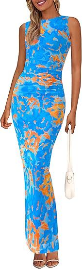 Womens Crew-Neck Pleated Floral Sheer Sleeveless Mesh Dress