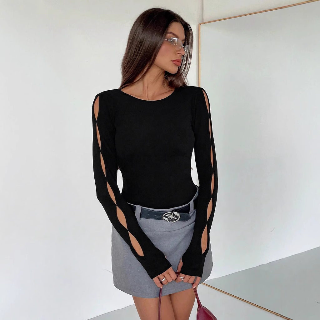 Hollow-out Long Sleeve T-shirt Slim Fit Round Neck Women