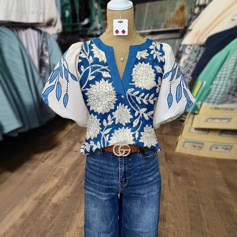 Women's Casual Loose Ethnic Print Lantern Sleeve Shirt