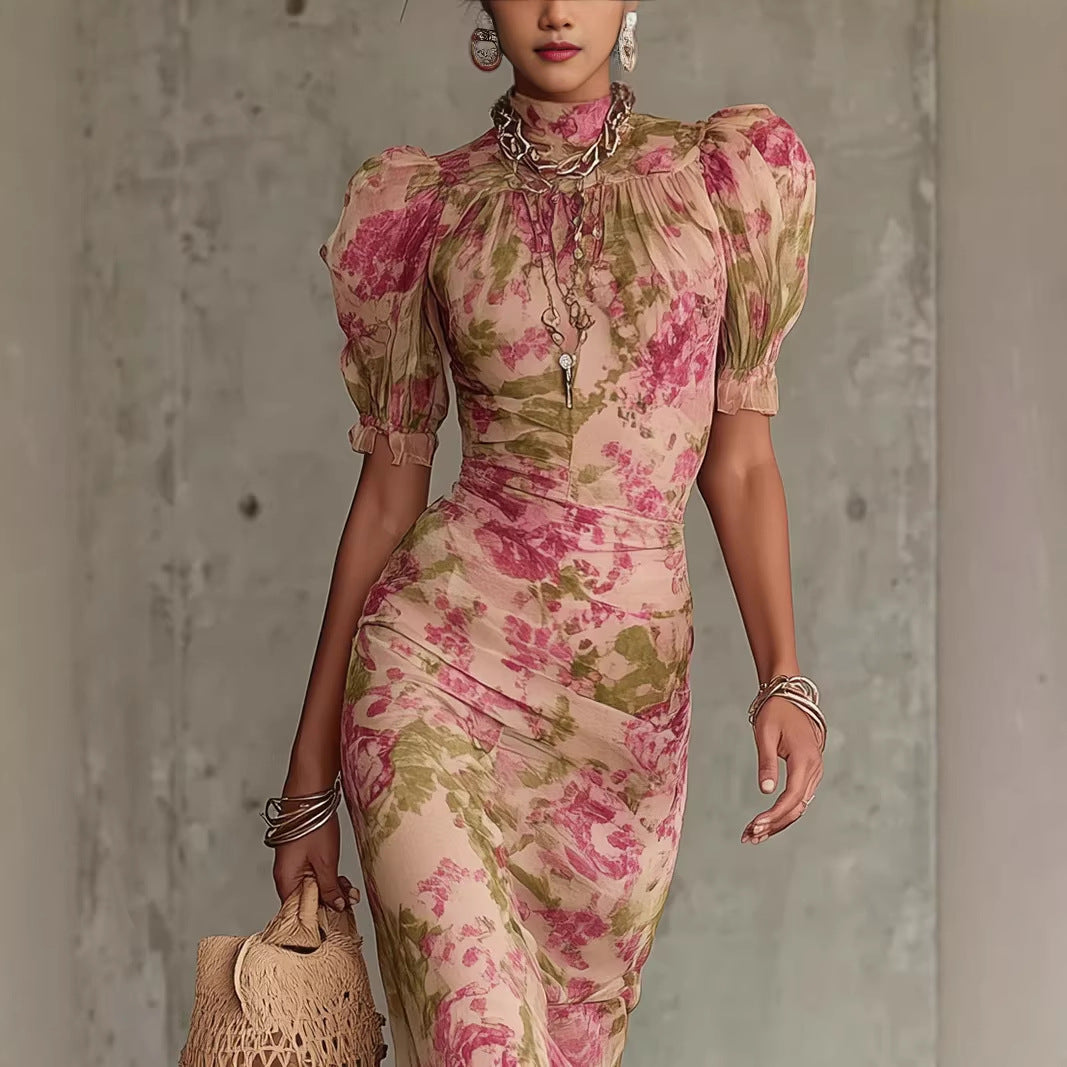 Puff-sleeve Printed Slim-fit Long Pleated Dress