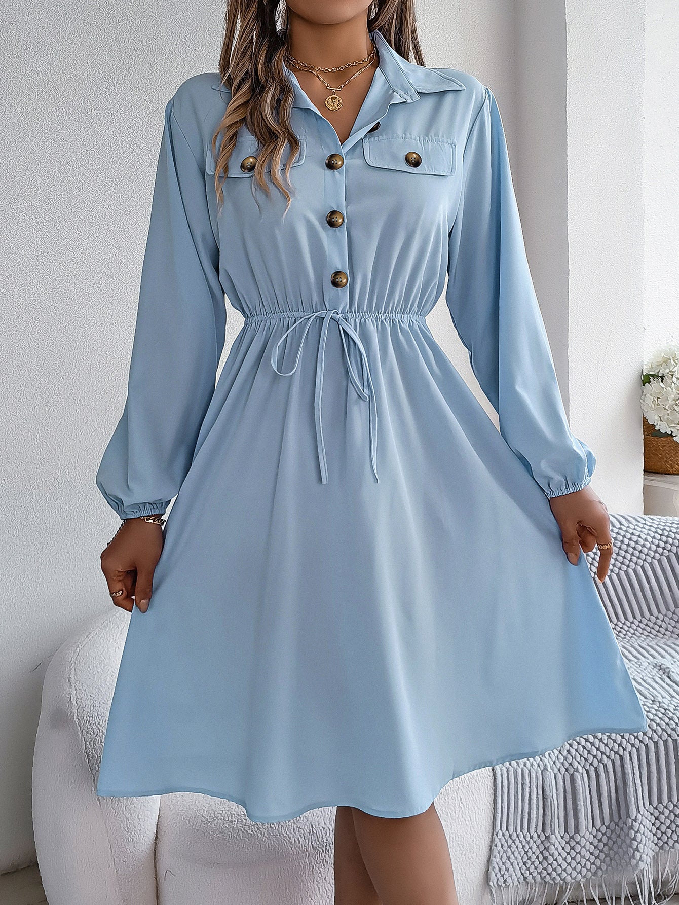 Women  Casual Button Tie Waist Long Sleeve Shirt Dress
