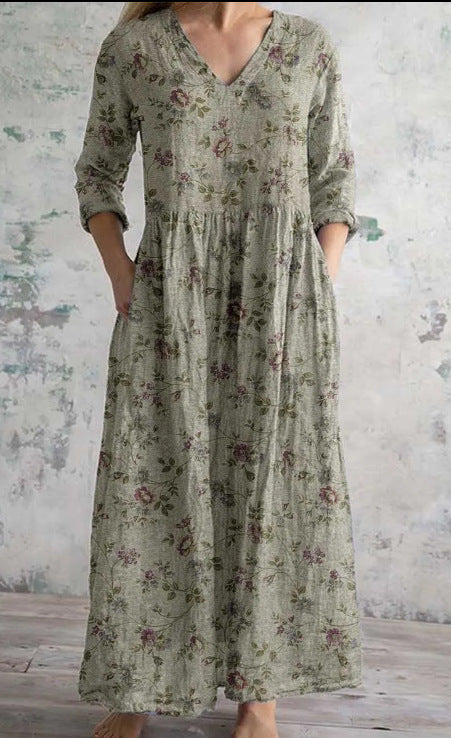 Womens Loose Stylish V-Neck Printed Dress