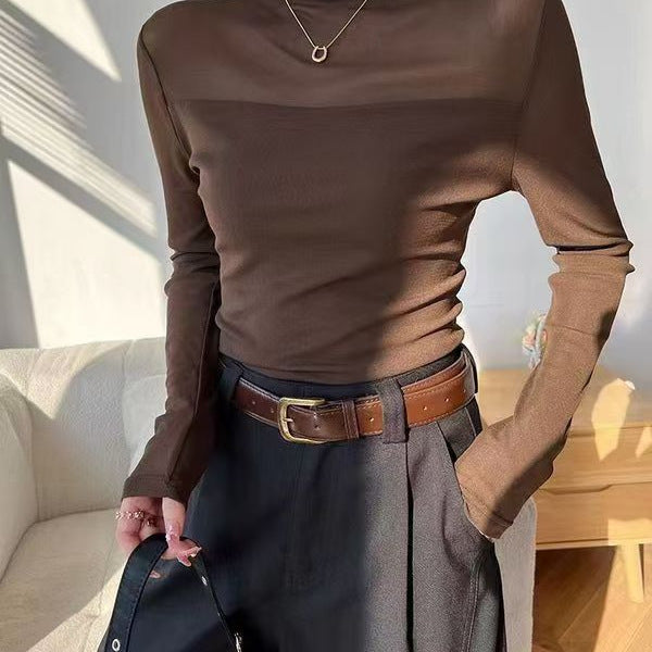 Women's Solid Color Semi-High Neck Lace Base Shirt