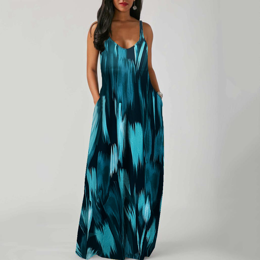 Adjustable-strap Printed Dress With Patch Pockets