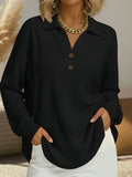 Fashion V-neck Button Solid Color Loose Long Sleeve Pullover