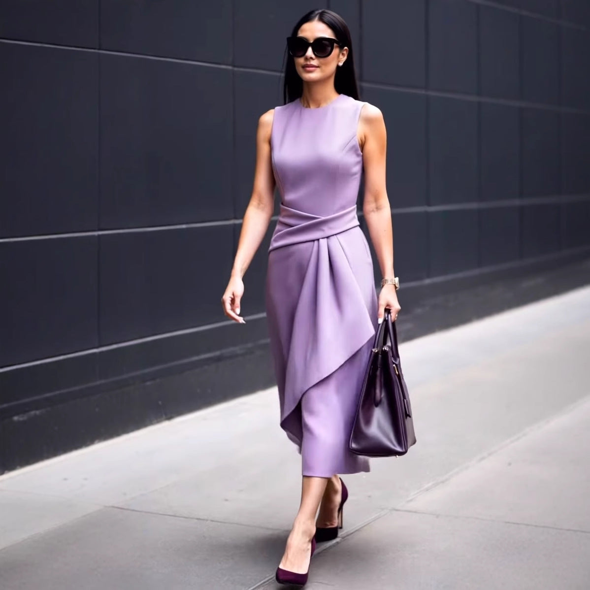 Summer Solid-Color Elegant Waist-Cinching Sleeveless Asymmetrical Dress