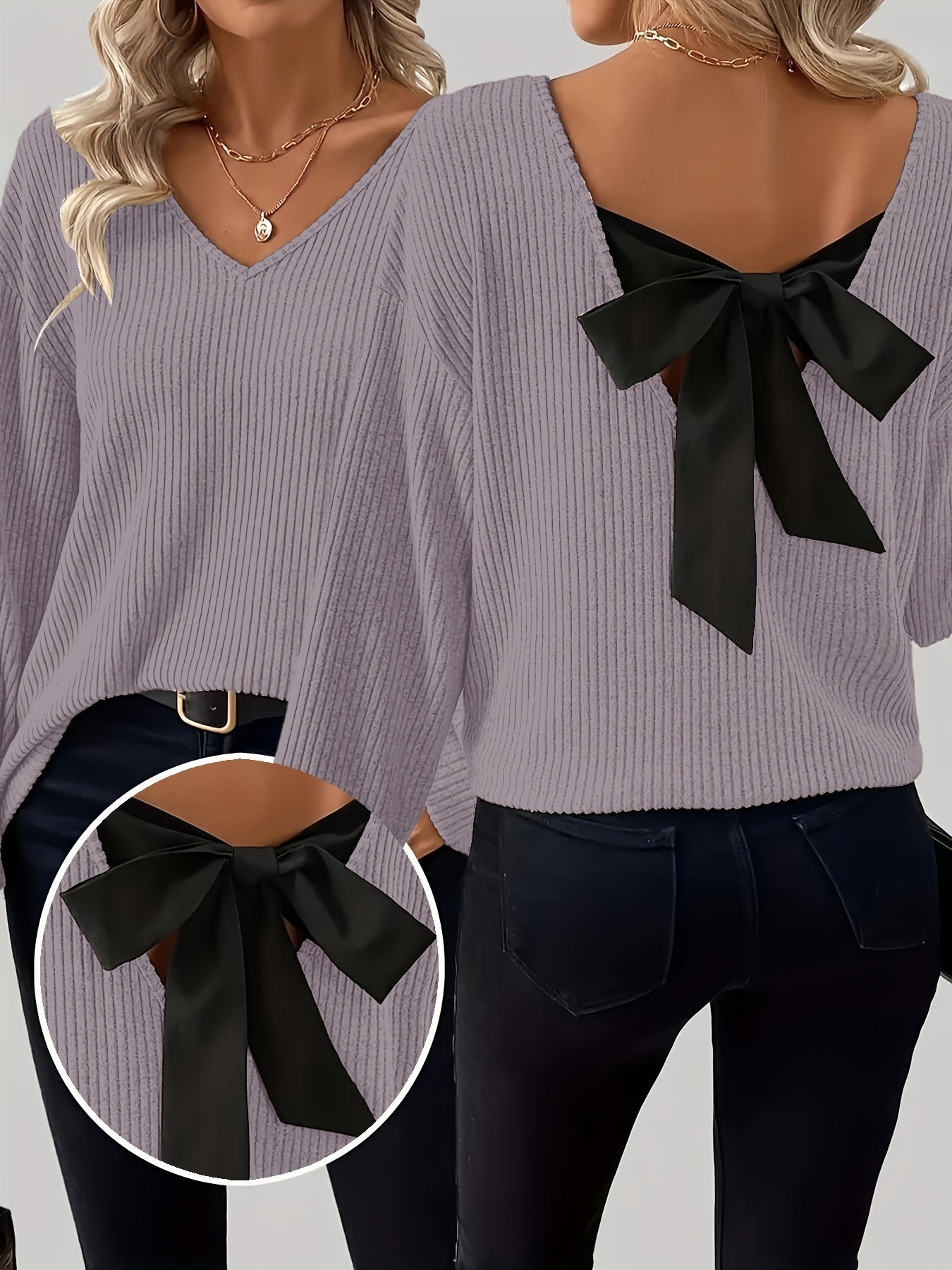 Contrast-color Satin Ribbon Bow Backless Drop-shoulder Long-sleeve Top