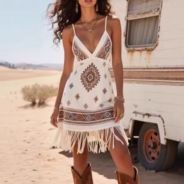 New Beach-style Slip Dress With Tassel Detailing For Vacation