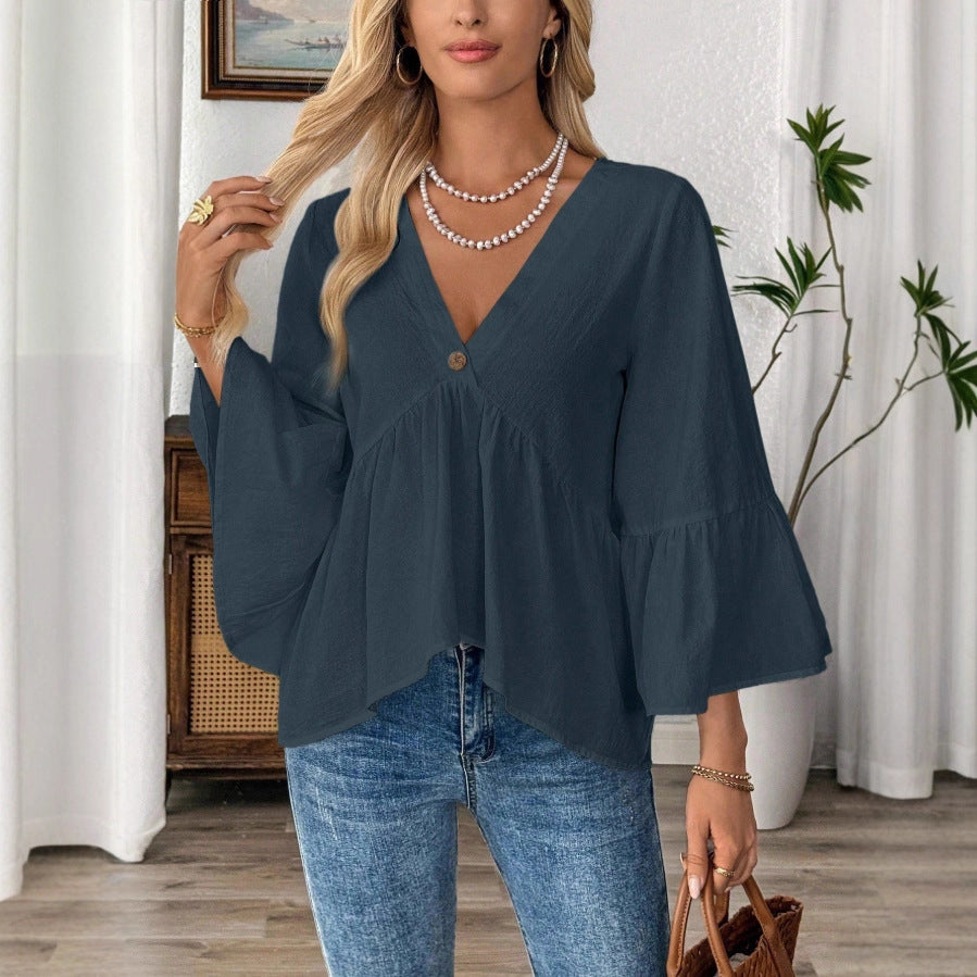 Women's Solid-Color V-Neck Top With Ruffle Sleeves