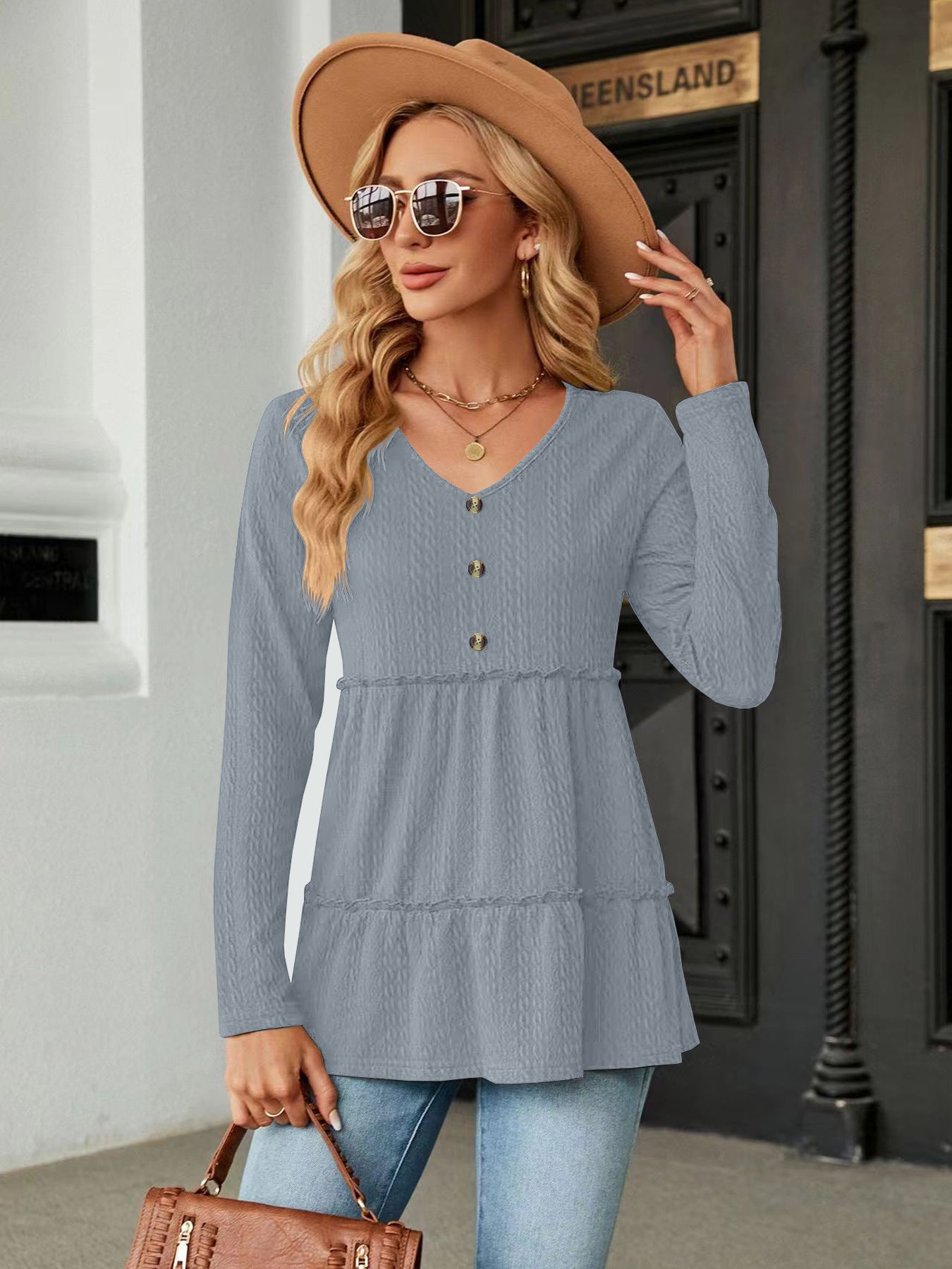 Women's Solid-color V-neck Button-panel Loose Long-sleeve Top