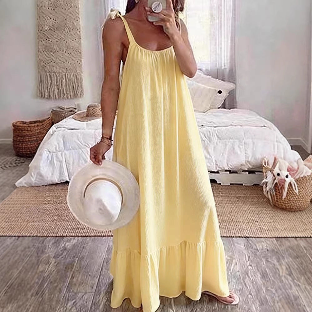 Casual Sling Dress With A U-neck Classic Pleating And Multiple Color Options