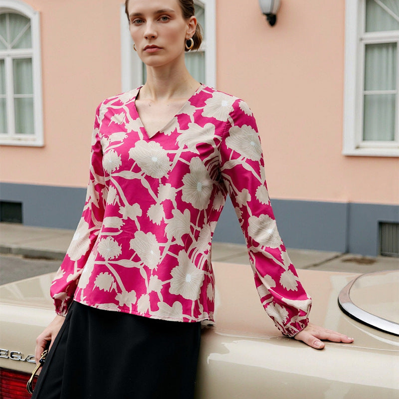 Women's Printed V-Neck Long-Sleeve Shirt
