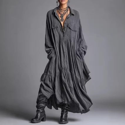 Artistic Retro Loose Pleated Long-Sleeve Shirt Dress