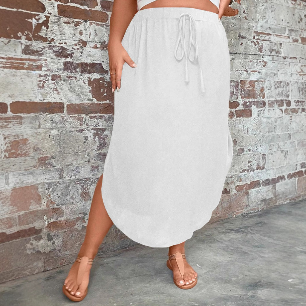Plus-size Womens Solid-color Slim-fit Tie-front Split Skirt