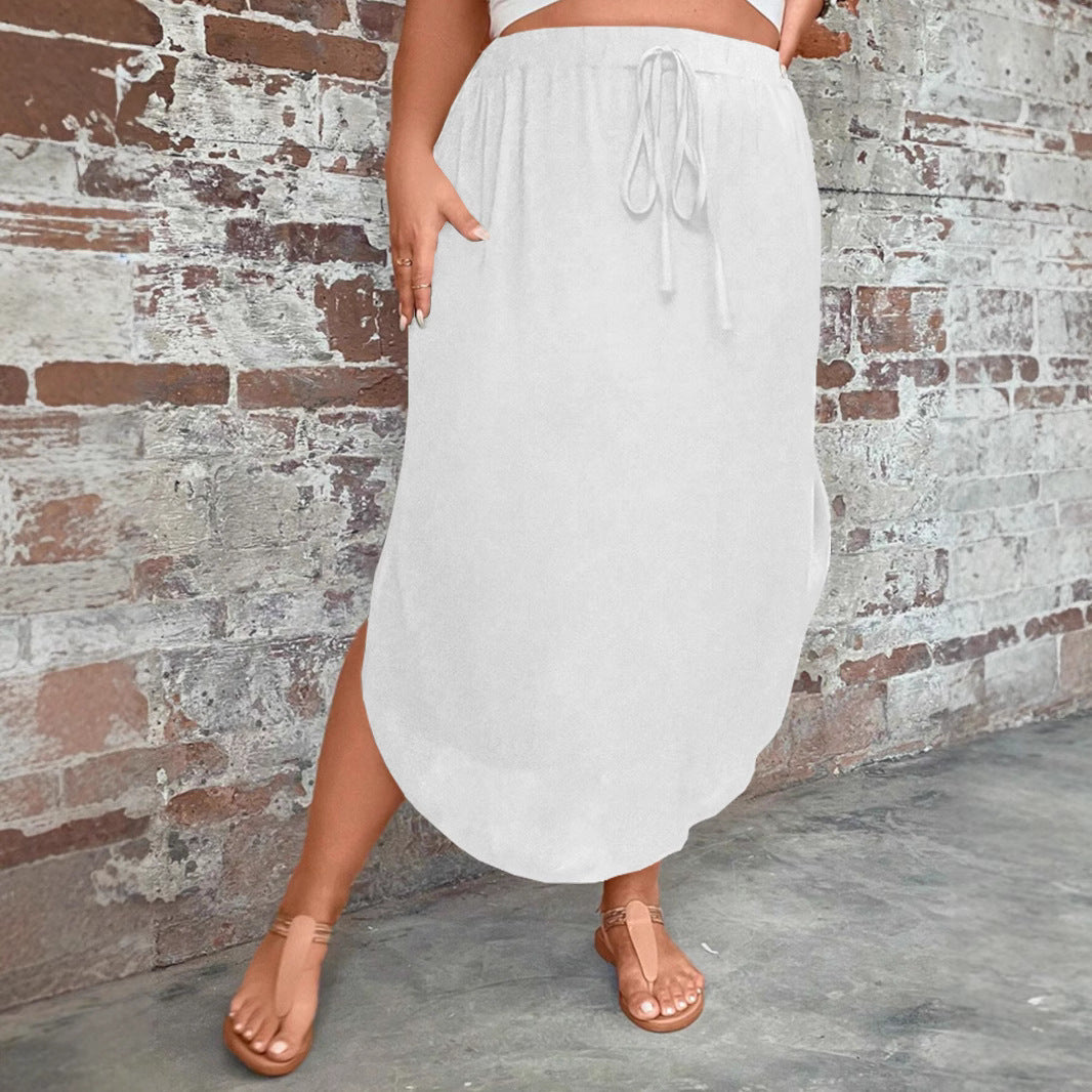 Plus-size Womens Solid-color Slim-fit Tie-front Split Skirt
