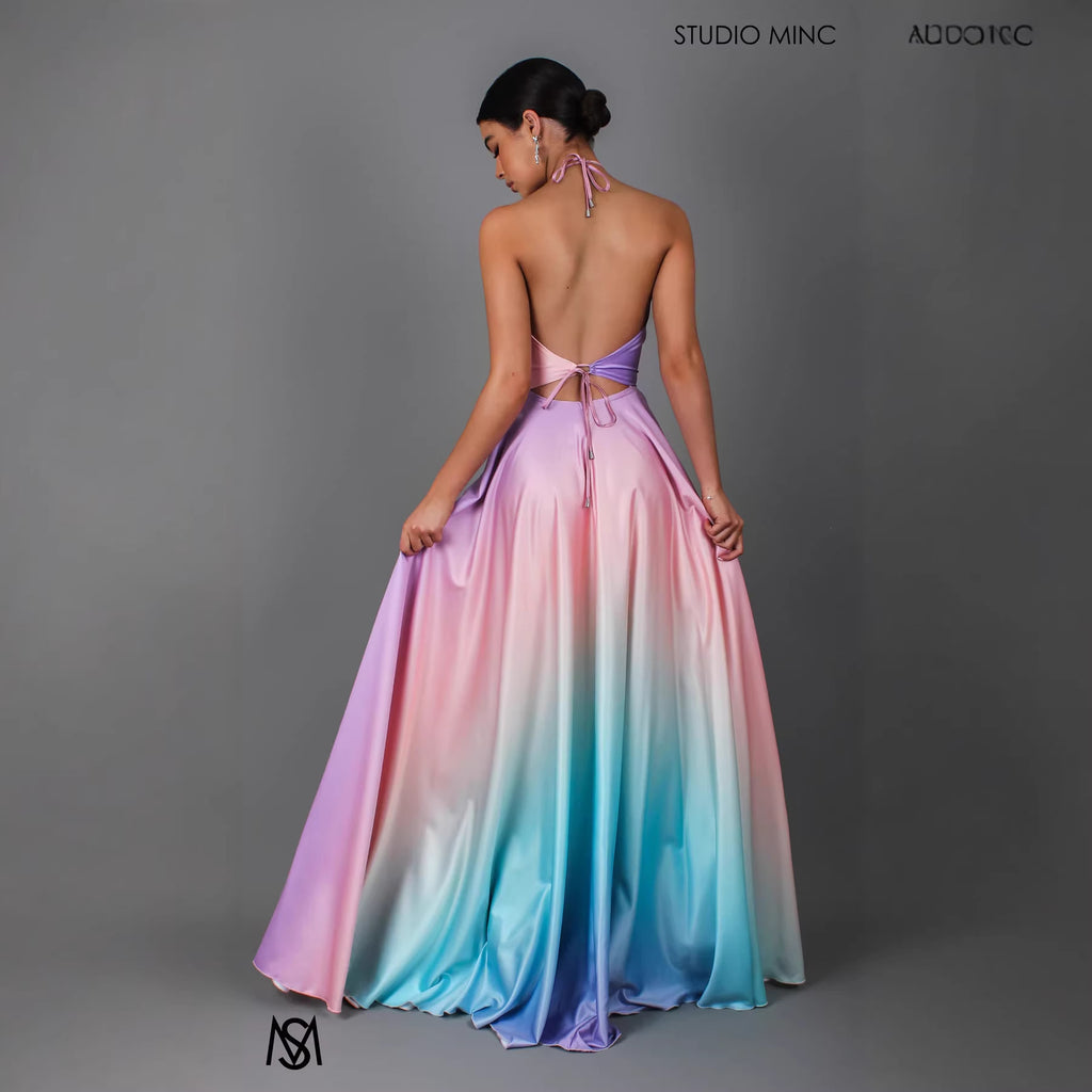 Womens Flared Defined-Waist Gradient-Dye Dress