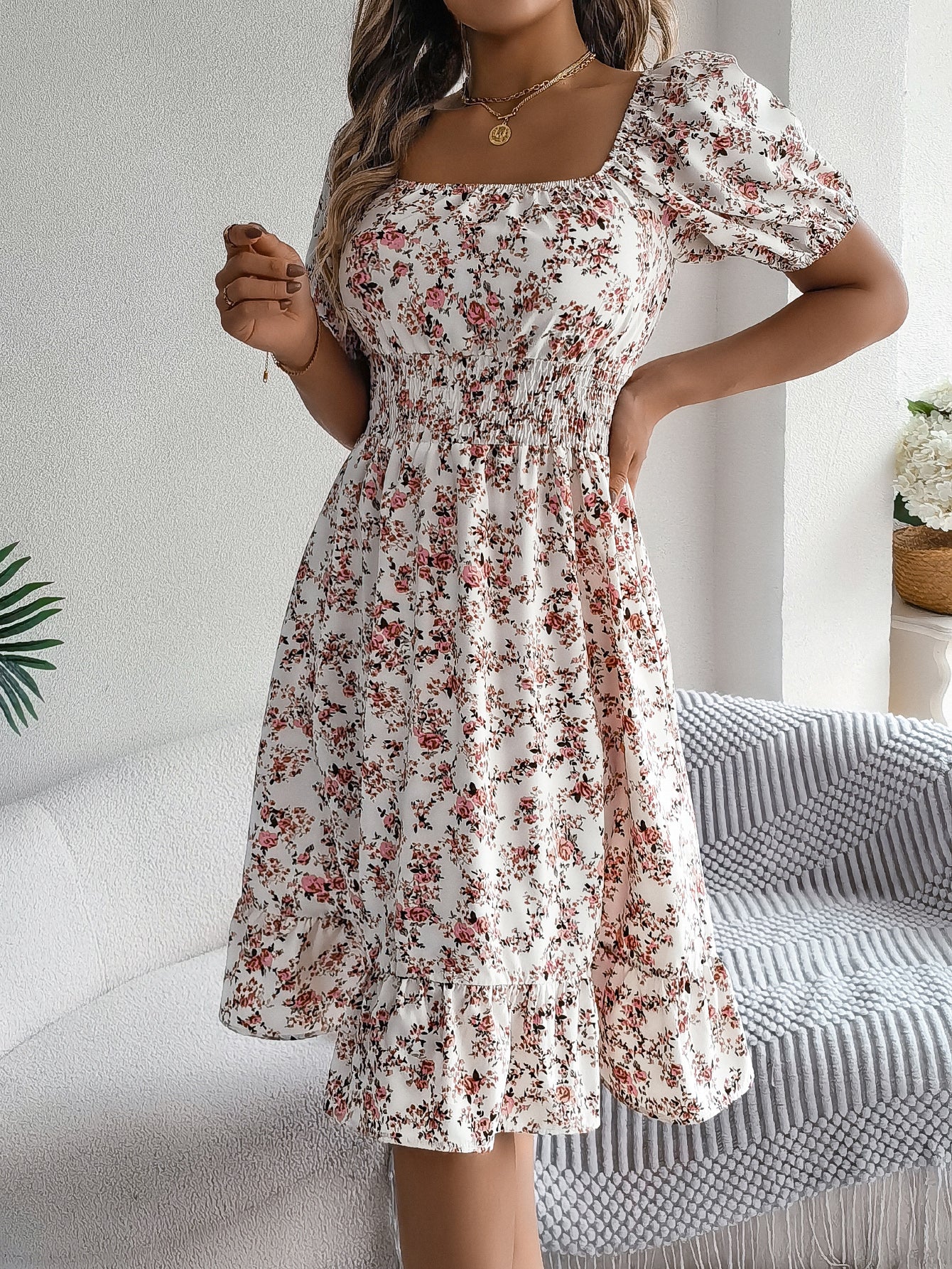 Women's Floral Print Square Neck Short Sleeve Tie Waist Ruffle A-Line Dress