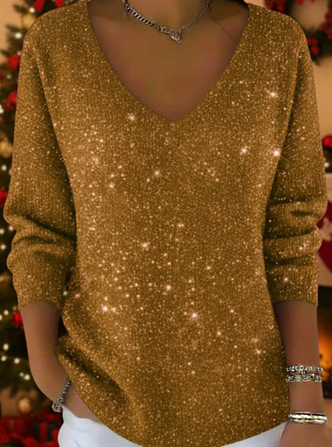 New Drop-shoulder V-neck Long-sleeve Printed Women's Pullover