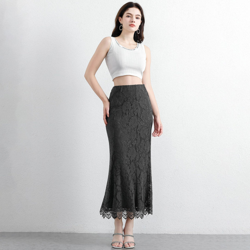 Hollow-out Rhinestone High-waist Figure-flattering Long Skirt