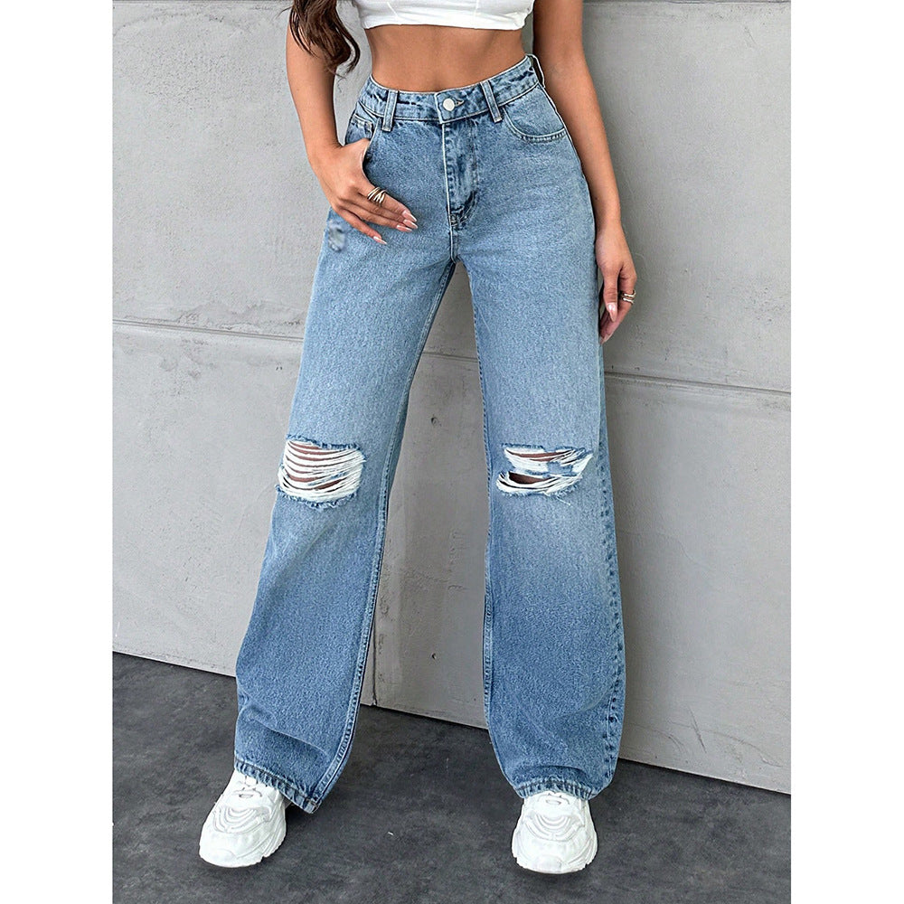 Womens Washed Casual Straight Jeans