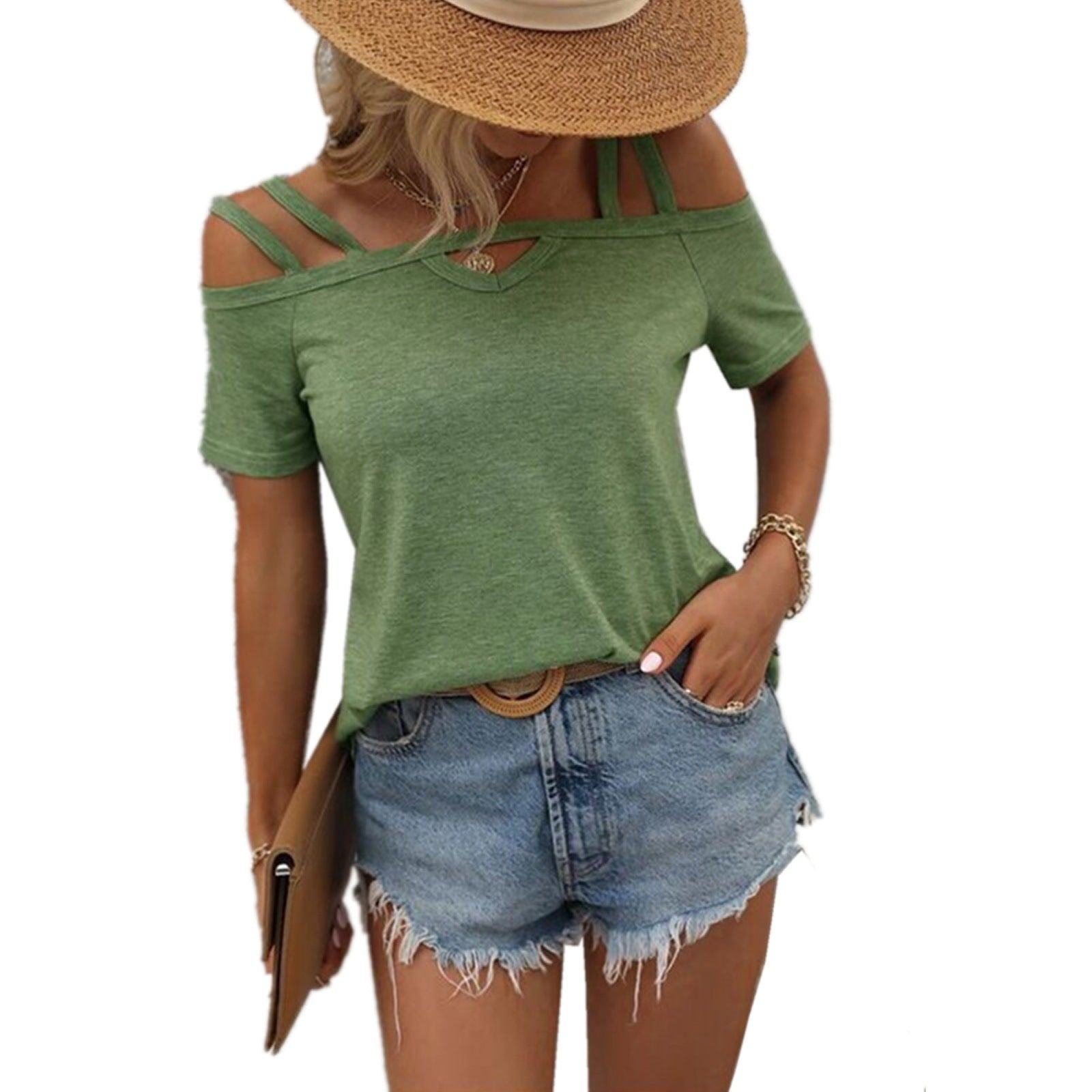 Solid Color Short Sleeve Double Strap Boat Neck Top